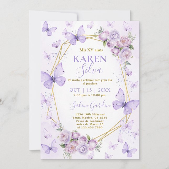 Invitación a Quinceanera de Mariposa Púrpura (Anverso)
