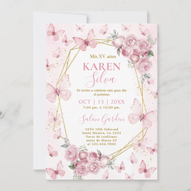 Invitación a Quinceañera de mariposa rosa (Anverso)