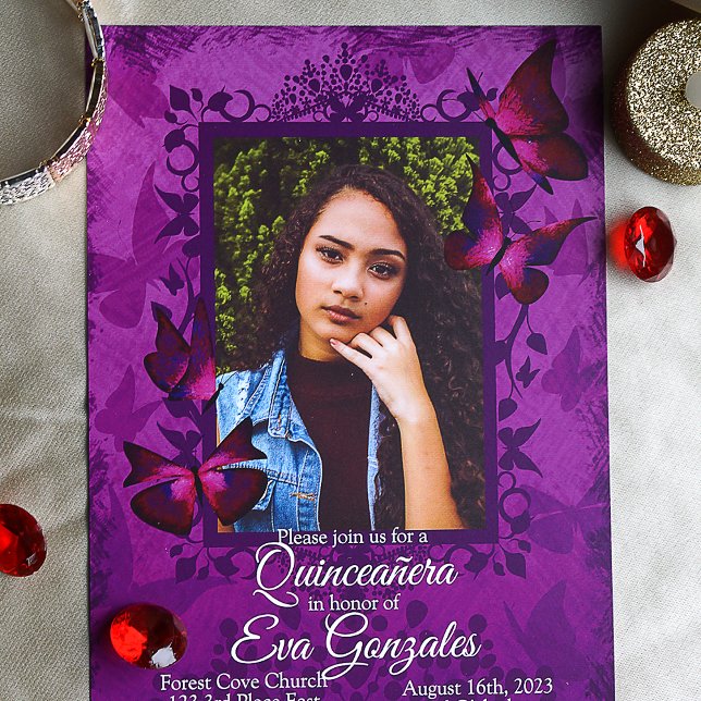 Invitación a Quinceanera de mariposa rosa morada (Purple and red mis quince butterfly invitations for elegant purple quinceanera)