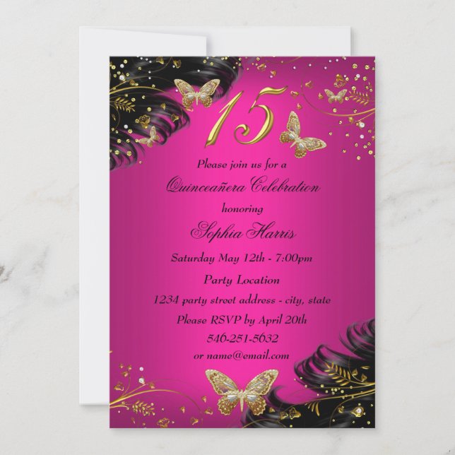 Invitación a Quinceanera de mariposa rosa y dorada (Anverso)