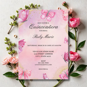 Invitación a Quinceanera de Mariposa Rosa y Oro