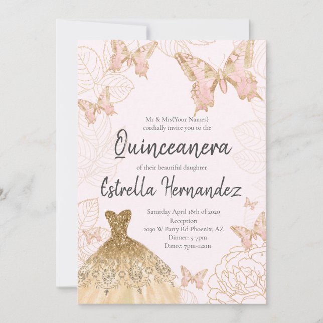 Invitación a Quinceanera de Mariposa Rosa y Oro (Anverso)