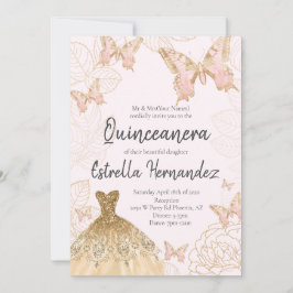 Invitación a Quinceanera de Mariposa Rosa y Oro