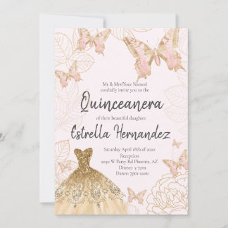Invitación a Quinceanera de Mariposa Rosa y Oro