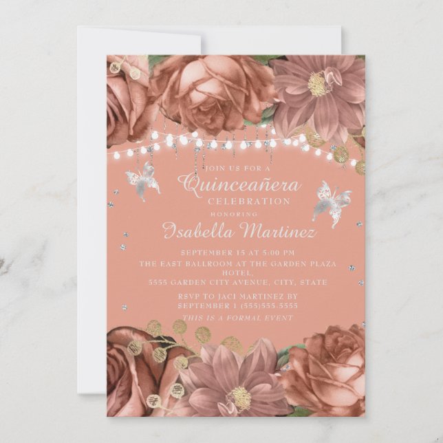 Invitación a Quinceañera de mariposas de plata cor (Anverso)