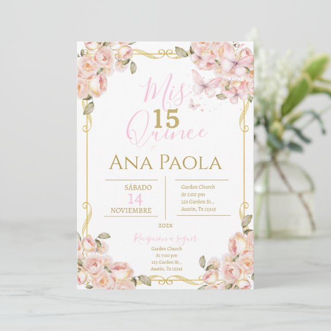 Invitación a Quinceañera de mariposas florales ros (Anverso de pie)