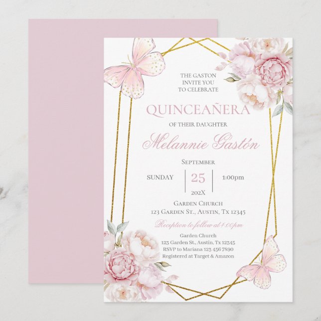 Invitación a Quinceañera de mariposas florales ros (Anverso / Reverso)