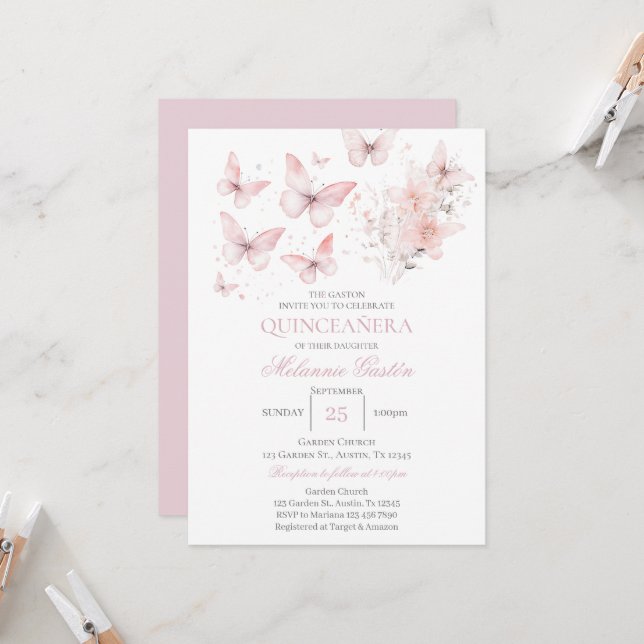 Invitación a Quinceañera de mariposas florales ros (Anverso/Reverso In Situ)