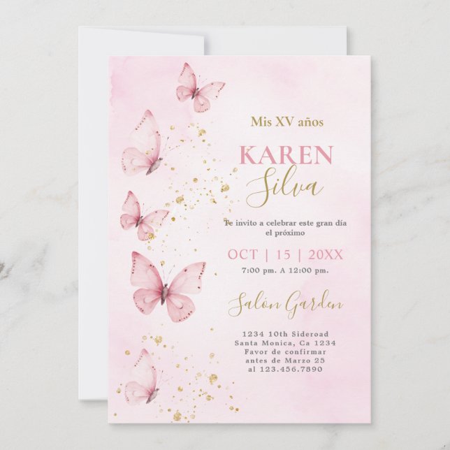 Invitación a Quinceañera de mariposas rosadas (Anverso)