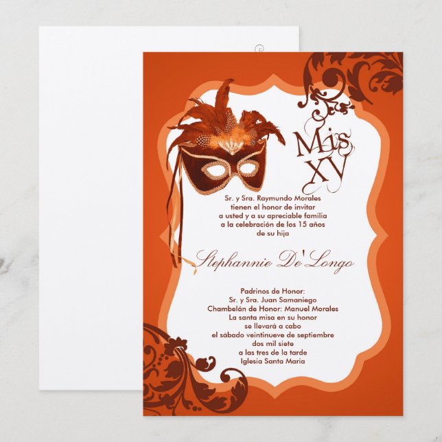 Invitación a Quinceanera de mascarada Naranja 5x7 (Anverso / Reverso)
