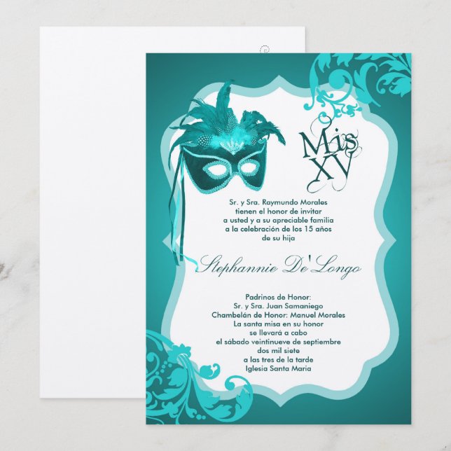 Invitación a Quinceanera de mascarada Verde azulad (Anverso / Reverso)