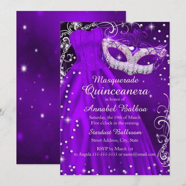 Invitación a Quinceanera de mascarada y vestido pú (Anverso / Reverso)