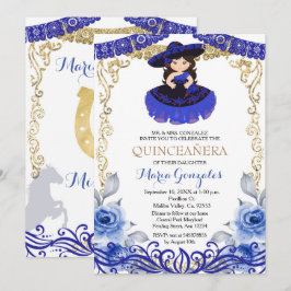 Invitación a Quinceanera de Oro con flores azules
