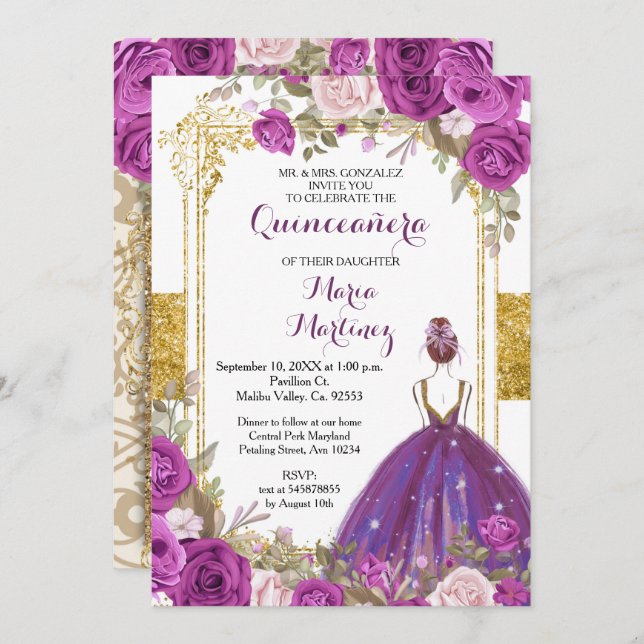 Invitación a Quinceanera de Oro con Flores Lilac P (Anverso / Reverso)