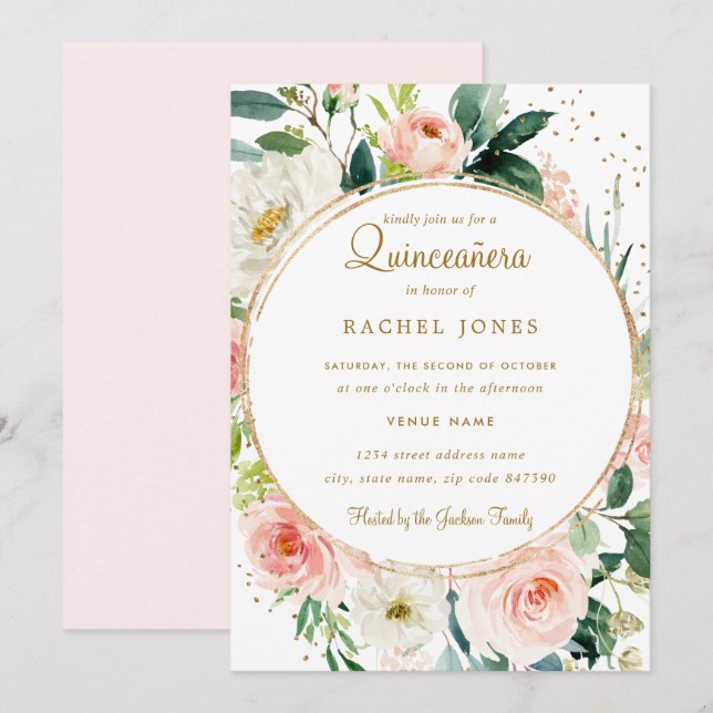Invitación a Quinceanera de oro con geométrica flo (Anverso / Reverso)