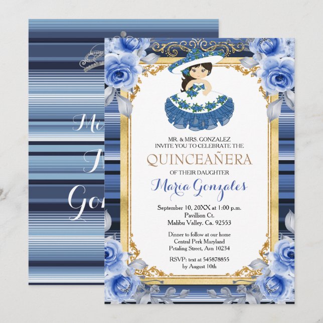 Invitación a Quinceanera de oro de las flores azul (Anverso / Reverso)