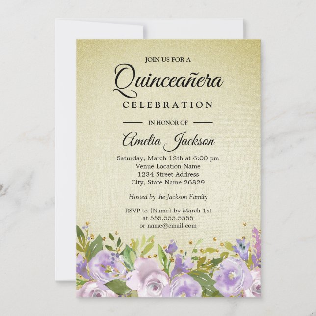 Invitación a Quinceanera de oro púrpura espumoso f