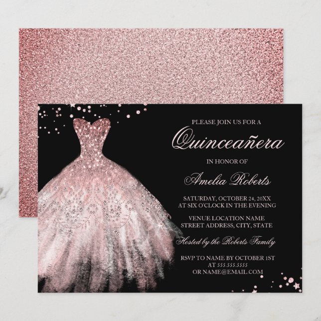 Invitación a Quinceañera de oro Rosa de vestir (Anverso / Reverso)