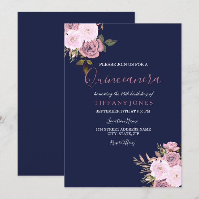 Invitación a Quinceanera de oro rosa y Rosa azul d (Anverso / Reverso)