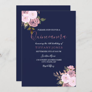 Invitación a Quinceanera de oro rosa y Rosa azul d