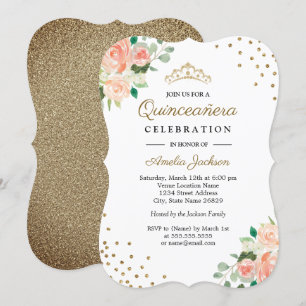 Invitación a Quinceanera de Peach Gold Floral Conf