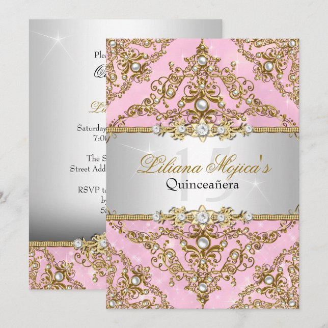 Invitación a Quinceanera de Pearl Damask Gold y Pi (Anverso / Reverso)