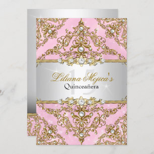 Invitación a Quinceanera de Pearl Damask Gold y Pi