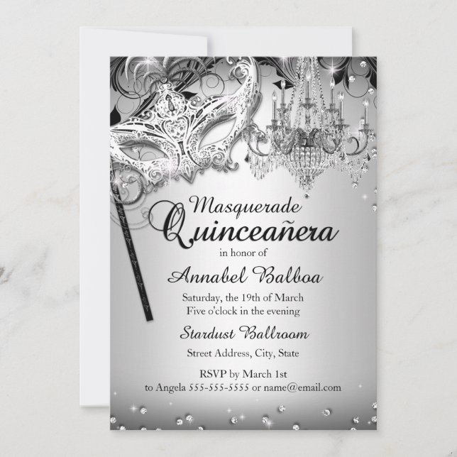 Invitación a Quinceanera de plata de mascarada de  (Anverso)