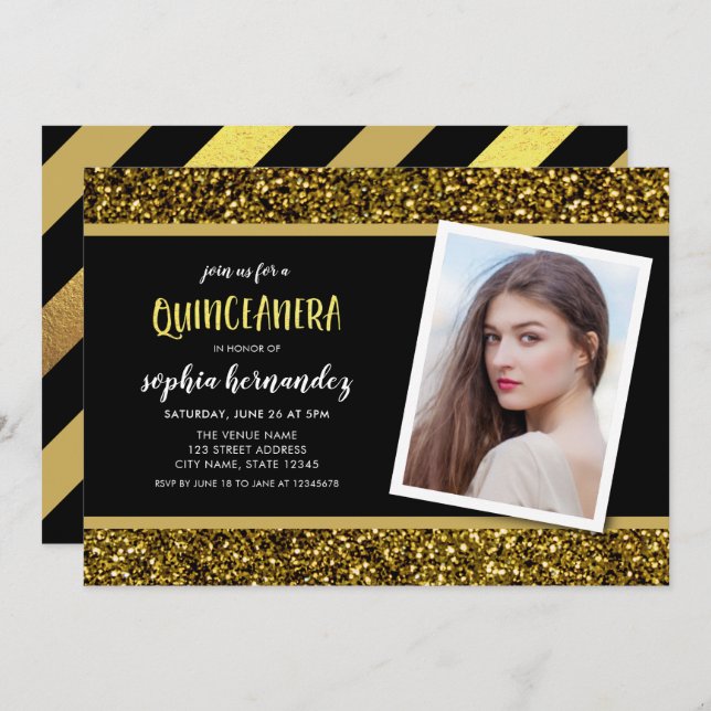 Invitación a Quinceanera de Purpurina de oro (Anverso / Reverso)