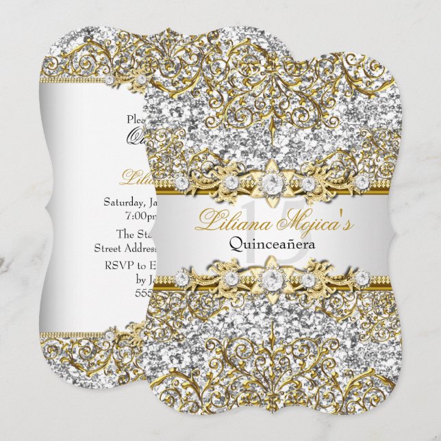 Invitación a Quinceanera de purpurina Gold Damask (Anverso / Reverso)