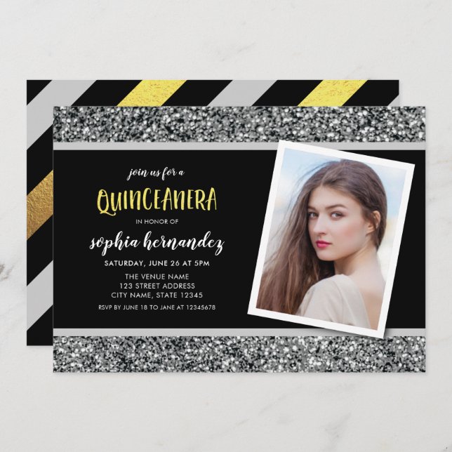 Invitación a Quinceanera de Purpurina plateado (Anverso / Reverso)