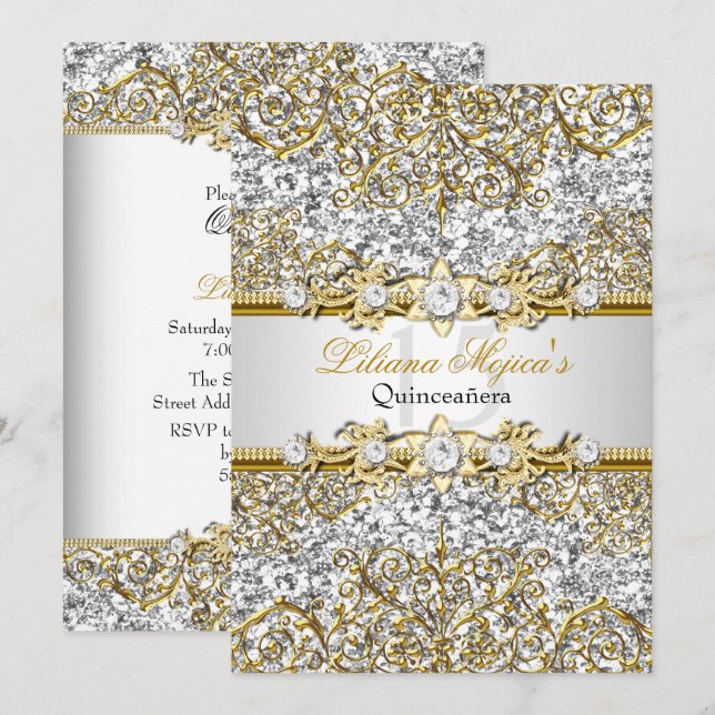 Invitación a Quinceanera de Purpurina plateado y d (Anverso / Reverso)