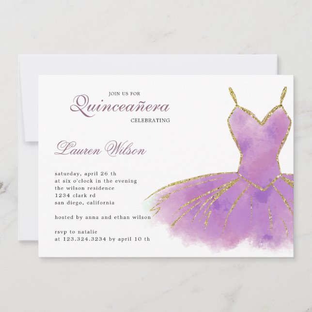 Invitación a Quinceanera de Purpurina púrpura (Anverso)