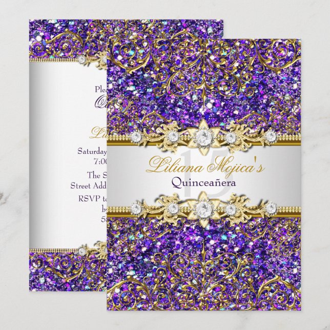 Invitación a Quinceanera de Purpurina púrpura y Da (Anverso / Reverso)
