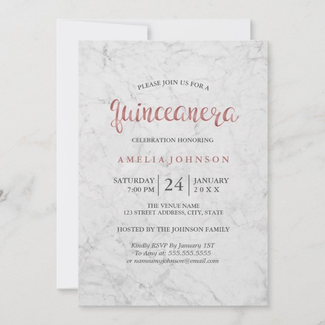 Invitación a Quinceanera de Rosa de oro de Marble  (Anverso)