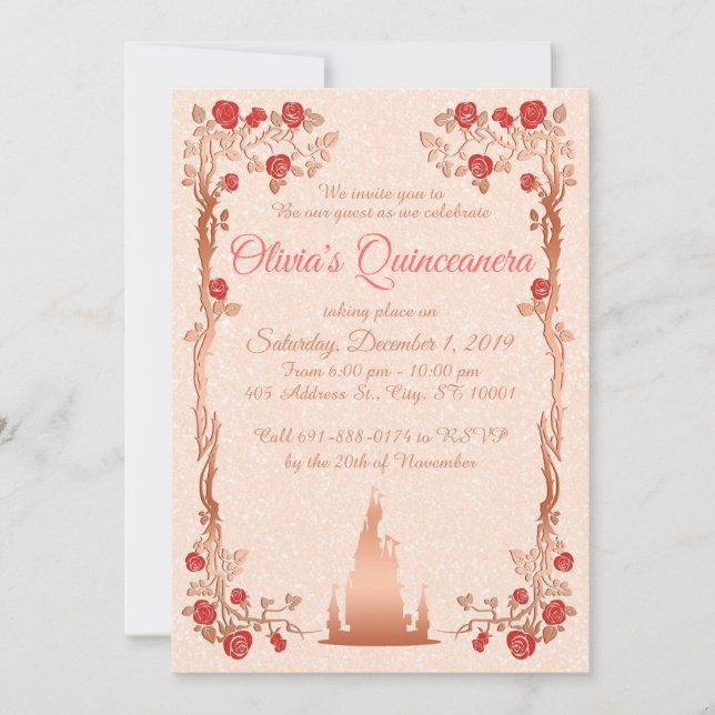 Invitación a Quinceanera de Rosa Gold Fairytale (Anverso)