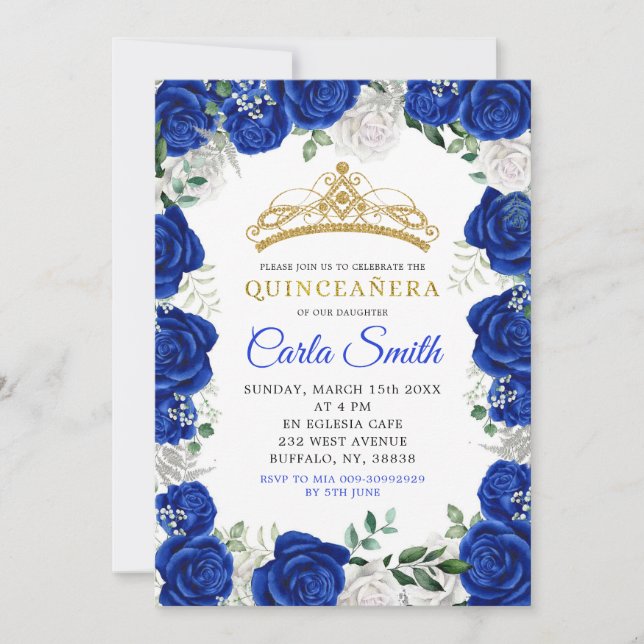Invitación a Quinceañera de Rosas Plata y Azul Rea (Anverso)