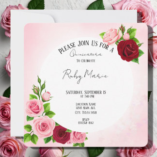 Invitación a Quinceanera de rosas rojas y rosas ro