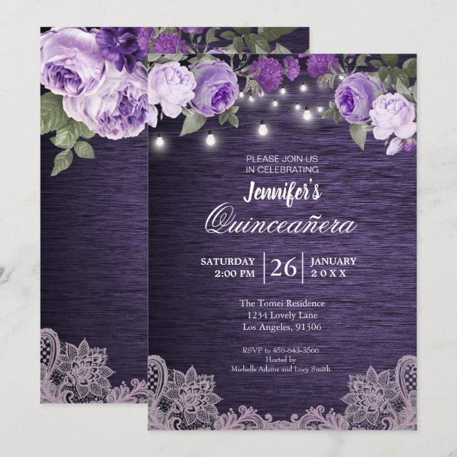 Invitación a Quinceanera de Rústico Morado Floral (Anverso / Reverso)