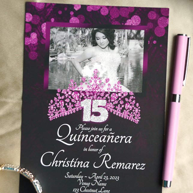 Invitación a Quinceanera de Tiara Púrpura y Rosa (Pink and purple quinceanera invitation, pink gemstone tiara, glitter silver 15 for mis quince)