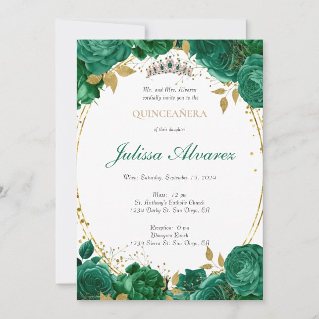 Invitación a Quinceanera de Tiara verde esmeralda  (Anverso)