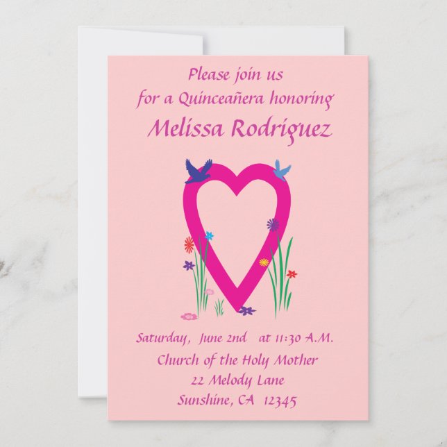 Invitación a Quinceañera del corazón de primavera (Anverso)
