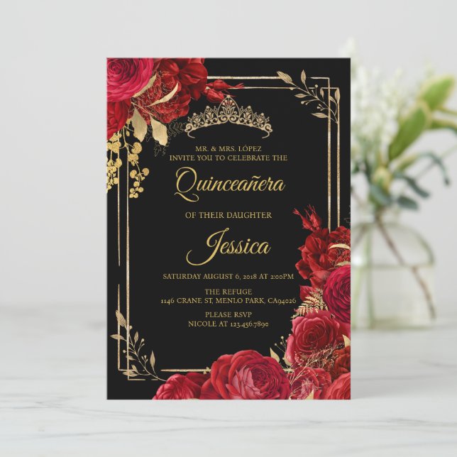 Invitación a Quinceanera del Oro Rojo Negro (Anverso de pie)