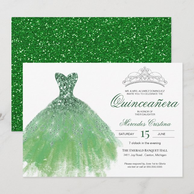 Invitación a Quinceañera del Purpurina Verde Glam  (Anverso / Reverso)