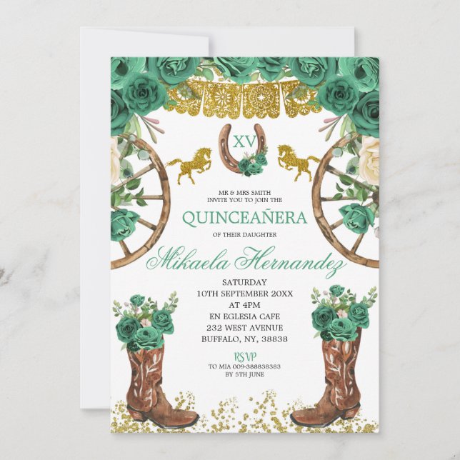 Invitación a Quinceanera del verde esmeralda occid (Anverso)
