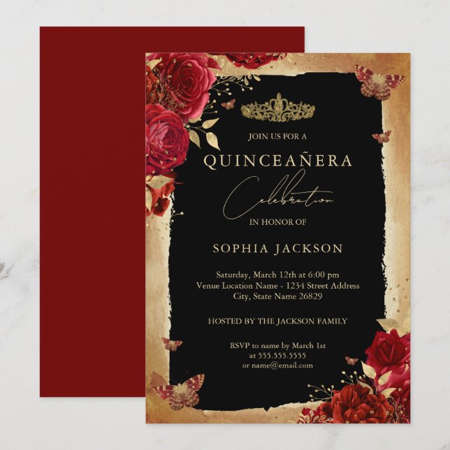 Invitación a Quinceanera Elegante de Oro Rojo (Anverso / Reverso)