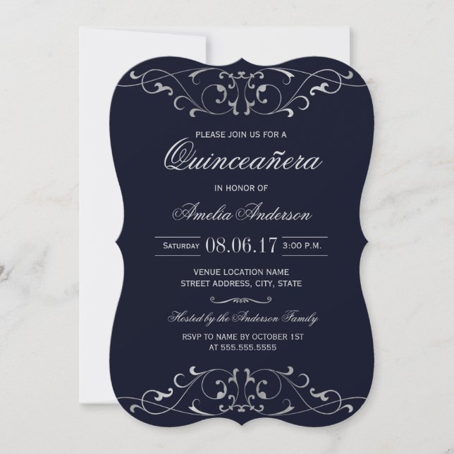 Invitación a Quinceanera elegante de plata marina (Anverso)