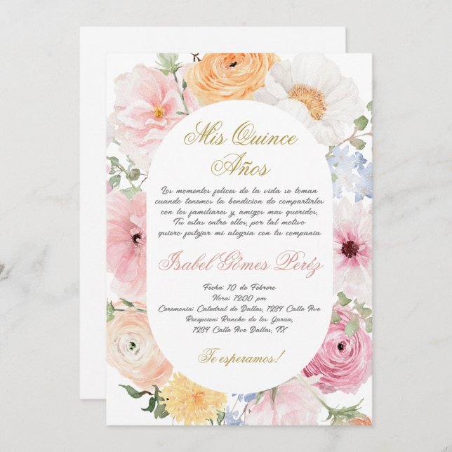 Invitación a Quinceanera en español (Anverso / Reverso)