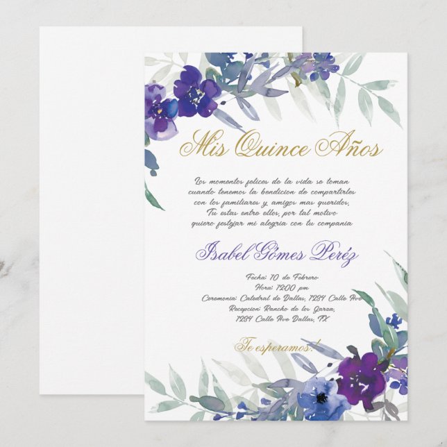 Invitación a Quinceanera en español (Anverso / Reverso)