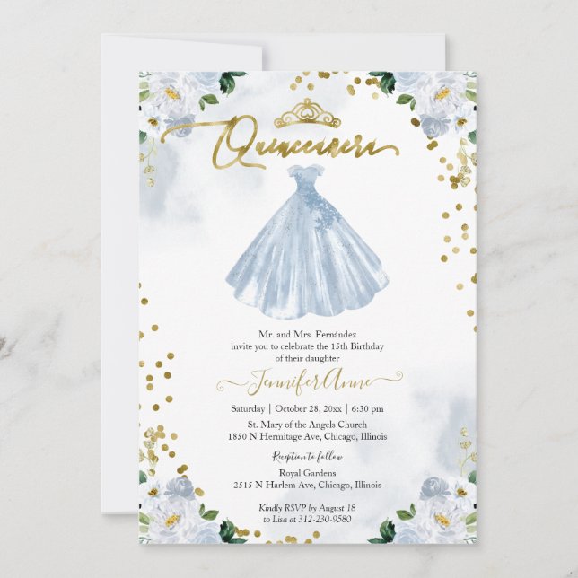 Invitación a Quinceanera floral azul bilingüe (Anverso)